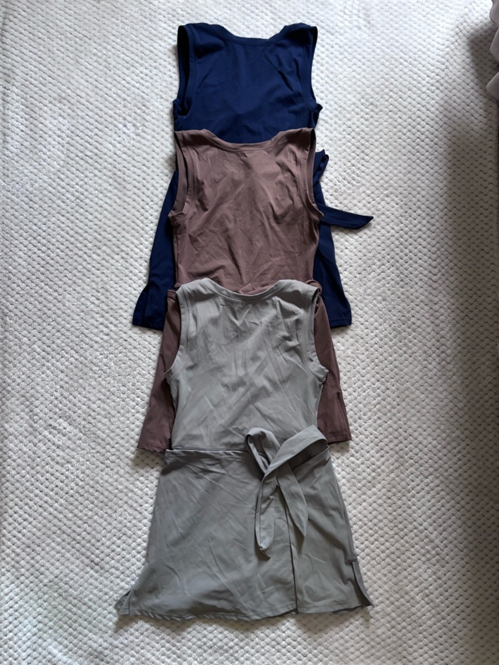 Sleeveless Wrap Tie Dress Trio - Navy, Brown, Gray